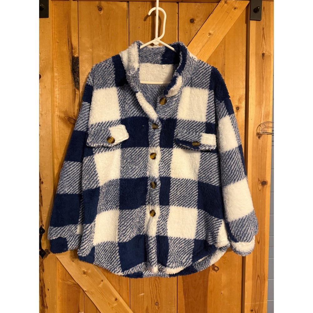 Plaid Sherpa Shacket - Navy and White